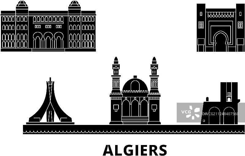 阿尔及尔扁平旅行天际线黑色剪影图片素材