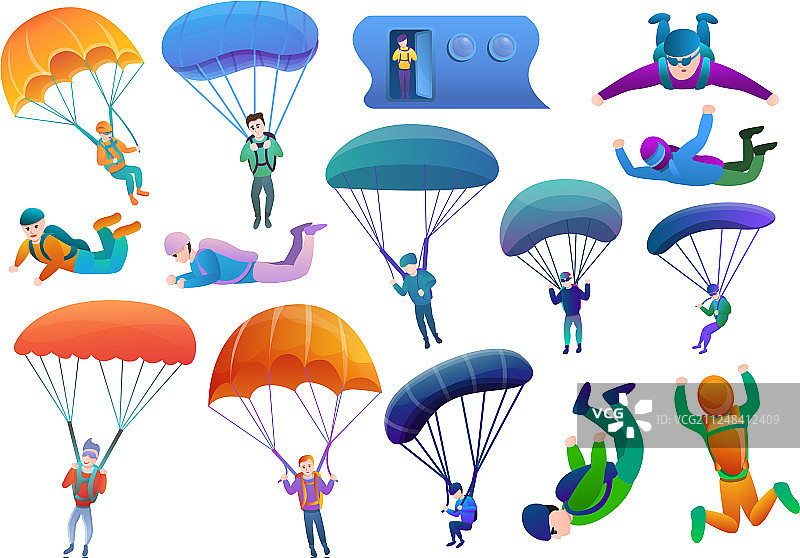 跳伞运动员卡通风格图标集图片素材
