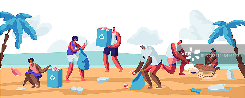 人们在海滩上收集垃圾袋，清理污染图片素材