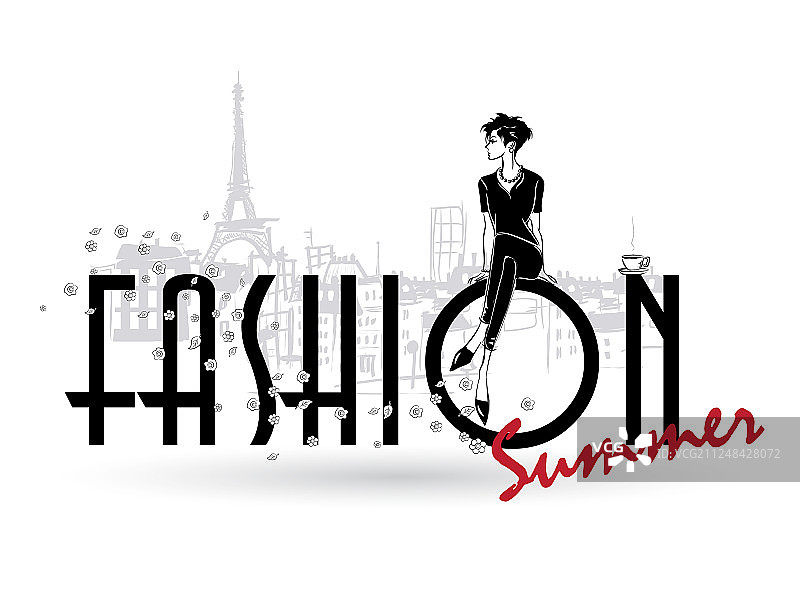 白色背景上的时装少女素描图片素材