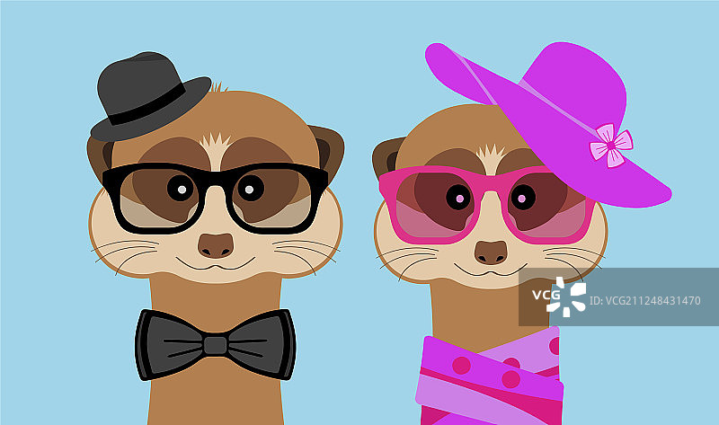 戴眼镜帽子的猫鼬男孩和女孩肖像图片素材