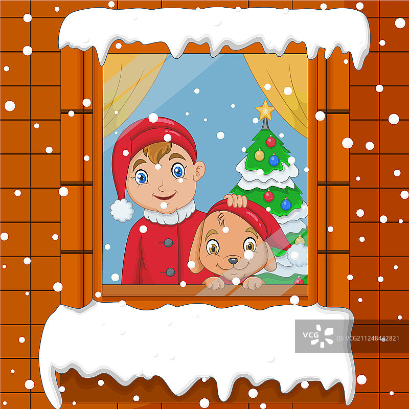 小男孩和小狗一起看着窗外图片素材