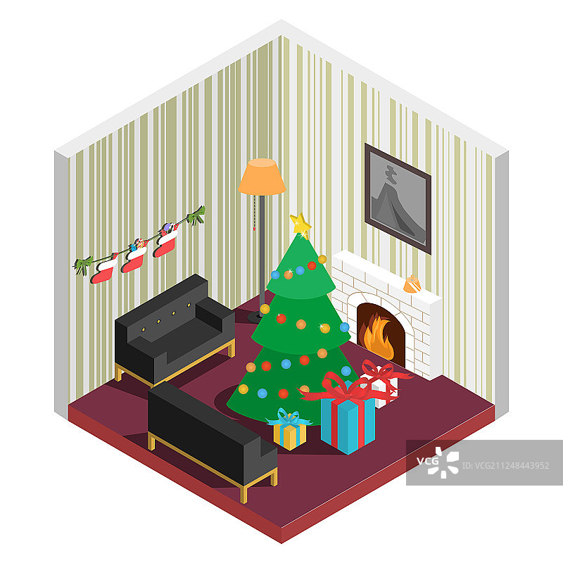 2.5D房间圣诞树壁炉设计图片素材
