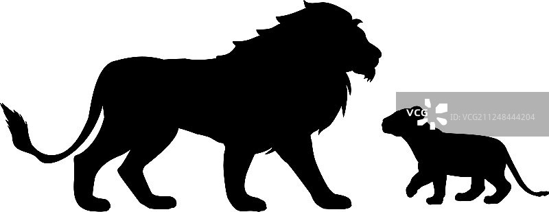 狮子和幼狮的黑色剪影图片素材