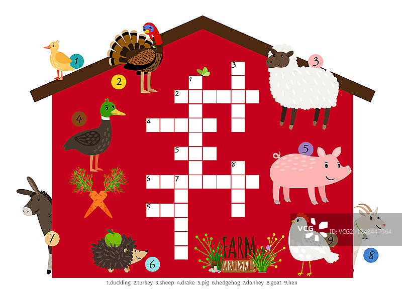 农场动物儿童纵横字谜模板图片素材