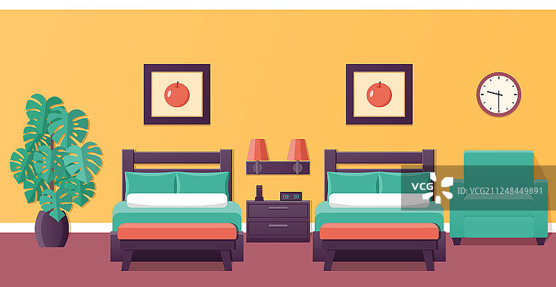 带有两张床的扁平风格卧室图片素材