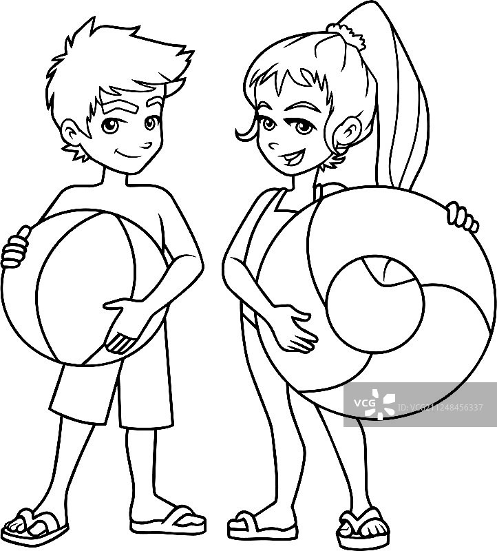 海滩儿童与配饰线条艺术图片素材