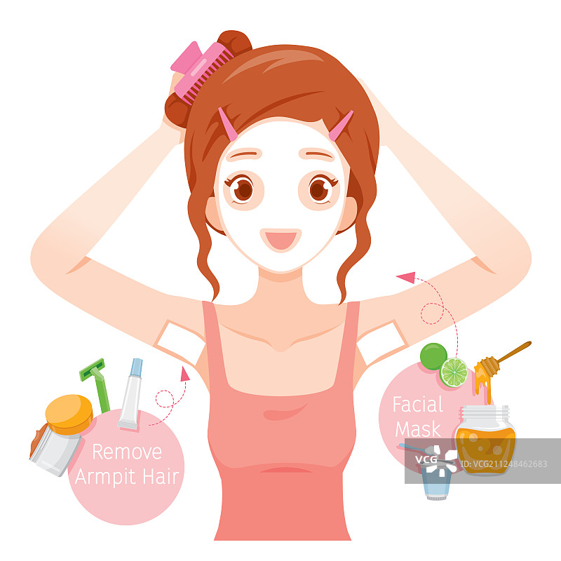 女人用蜜蜡去除腋毛并敷面膜图片素材