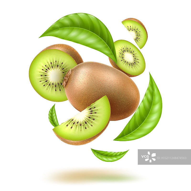 逼真的猕猴桃漩涡与叶子图片素材