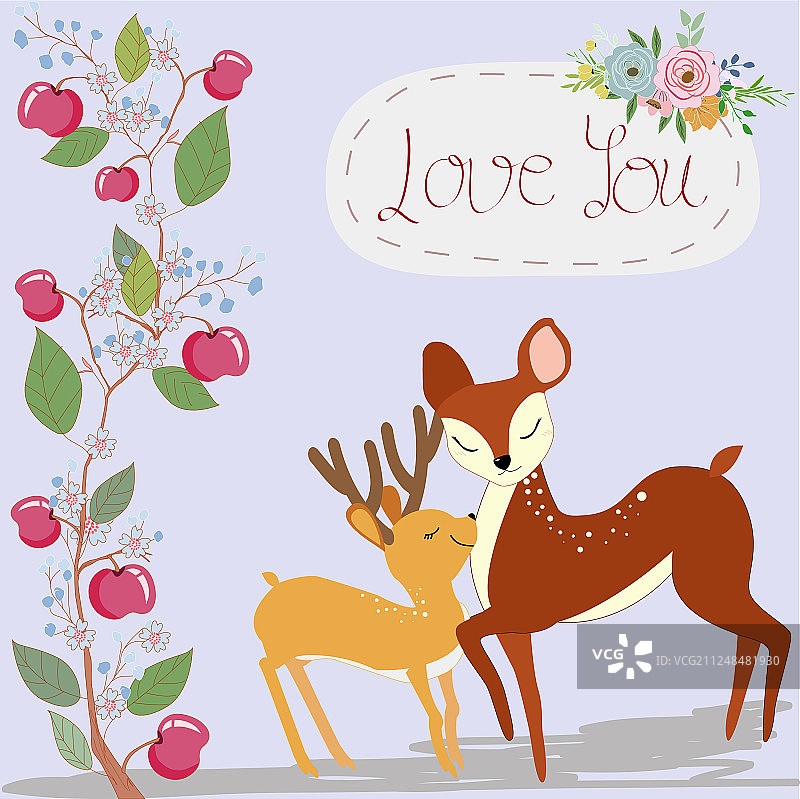 苹果枝框架中的可爱小鹿图片素材