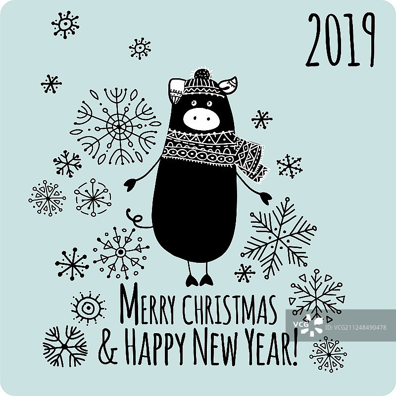 圣诞贺卡，带2019年可爱小猪图案图片素材