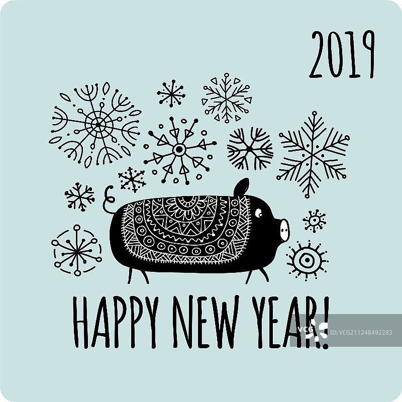 圣诞贺卡，带2019年可爱小猪图案图片素材
