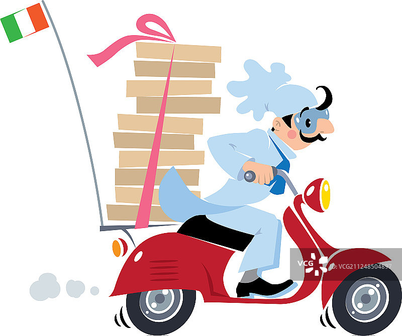 有趣的披萨厨师骑着滑板车送披萨图片素材