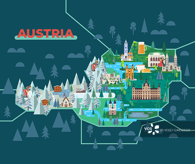 带有奥地利地标的旅行地图图片素材