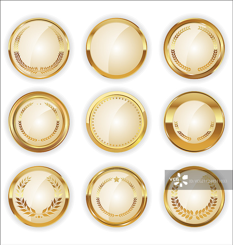 带月桂花环的金色徽章标签图片素材