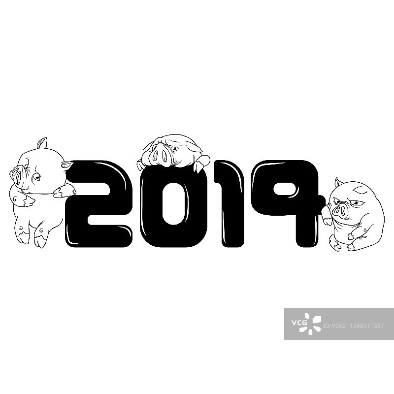 三只小猪倚靠在2019年的标志上图片素材