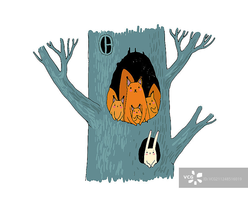 魔法树洞里的松鼠儿童插画图片素材
