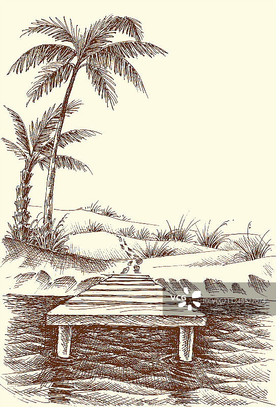 岸边海滩码头和棕榈树图片素材