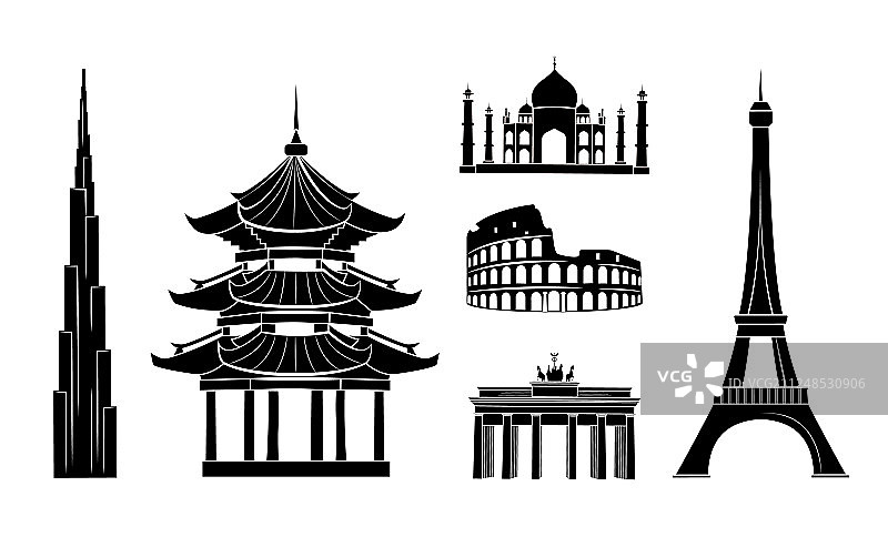 旅行景点剪影贴纸套装图片素材