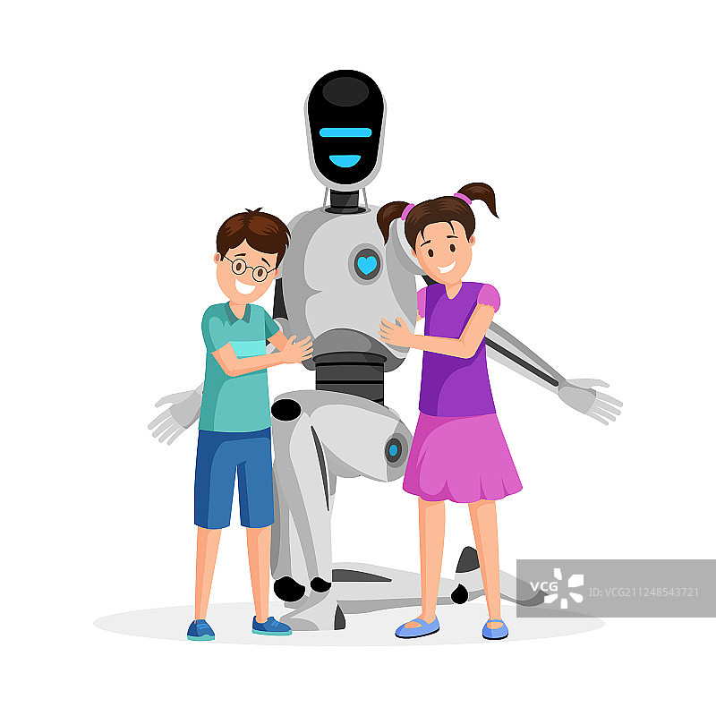 和快乐的孩子们的扁平风格机器人图片素材