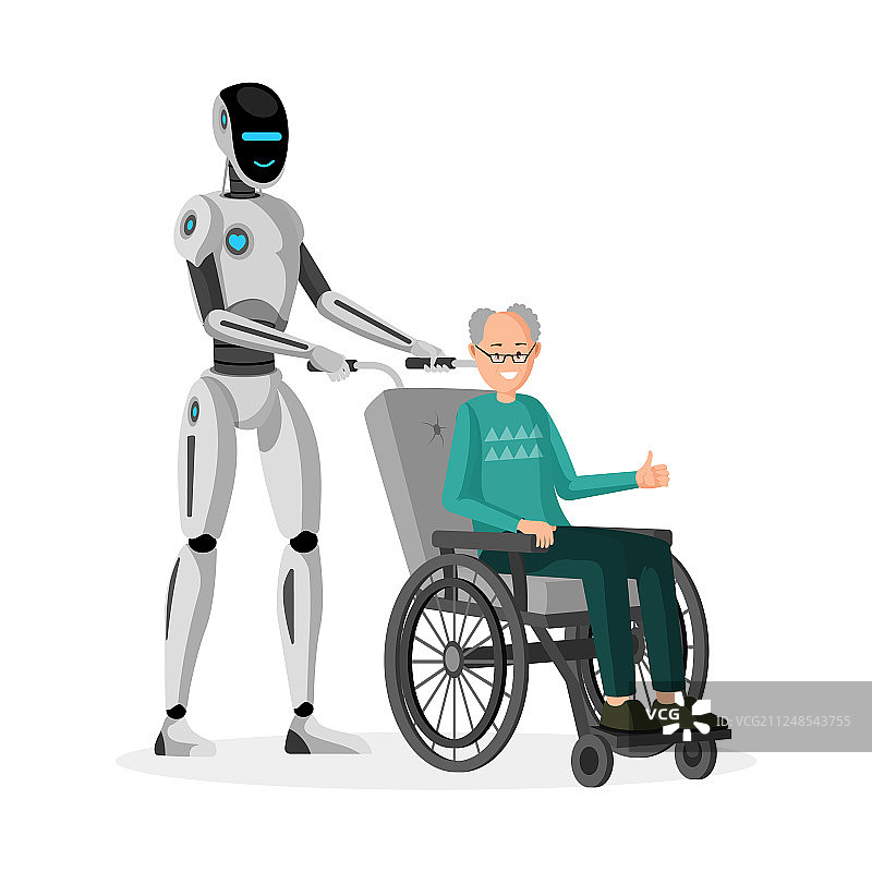 与残疾男子在一起的扁平风格机器人图片素材