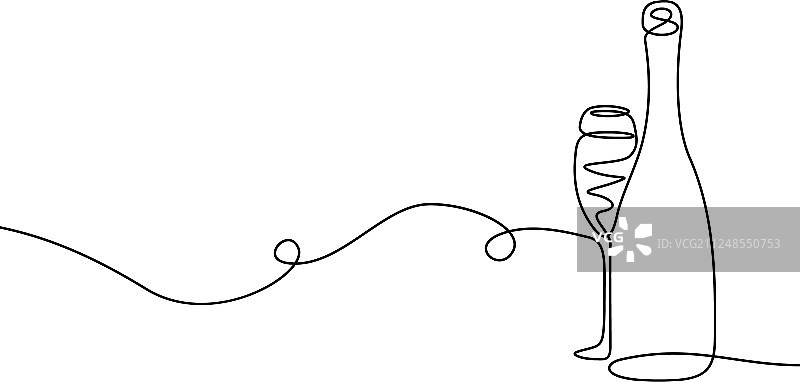 香槟与玻璃杯单线连续画图片素材