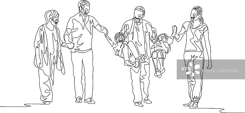 多代同堂家庭单线连续画图片素材