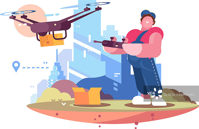 城市背景下操控无人机的送货员图片素材