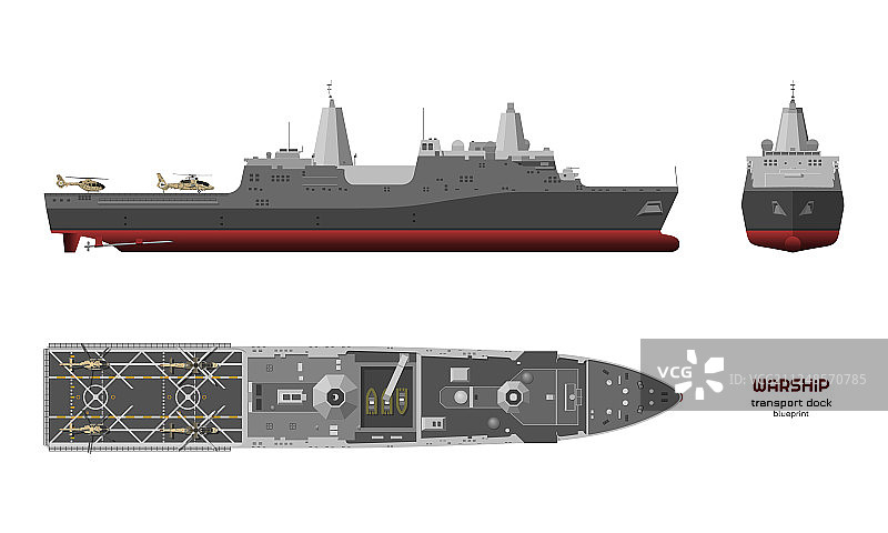 军舰顶部、正面和侧面视图图片素材