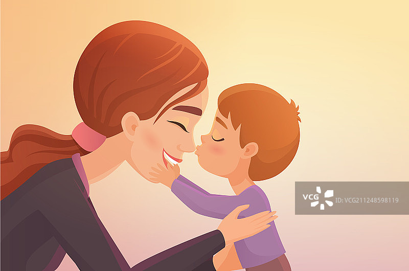 亲吻快乐妈妈的可爱小男孩卡通图片素材