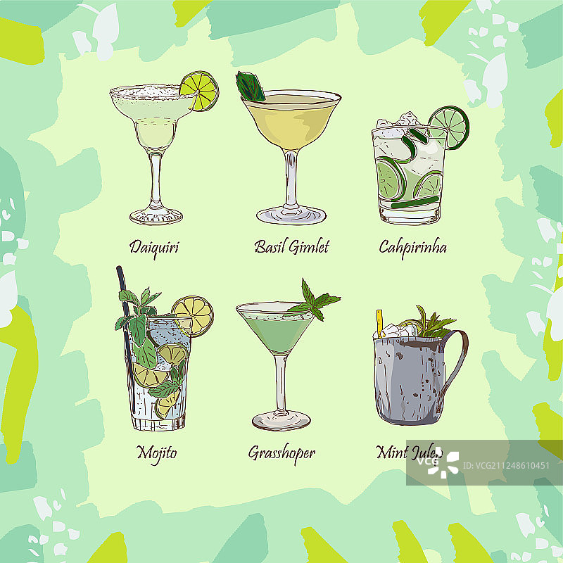 抽象绿色背景上的经典鸡尾酒合集图片素材