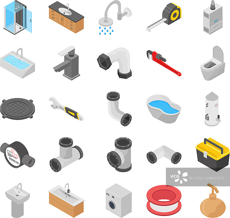 水管工马桶浴室淋浴2.5D图标图片素材