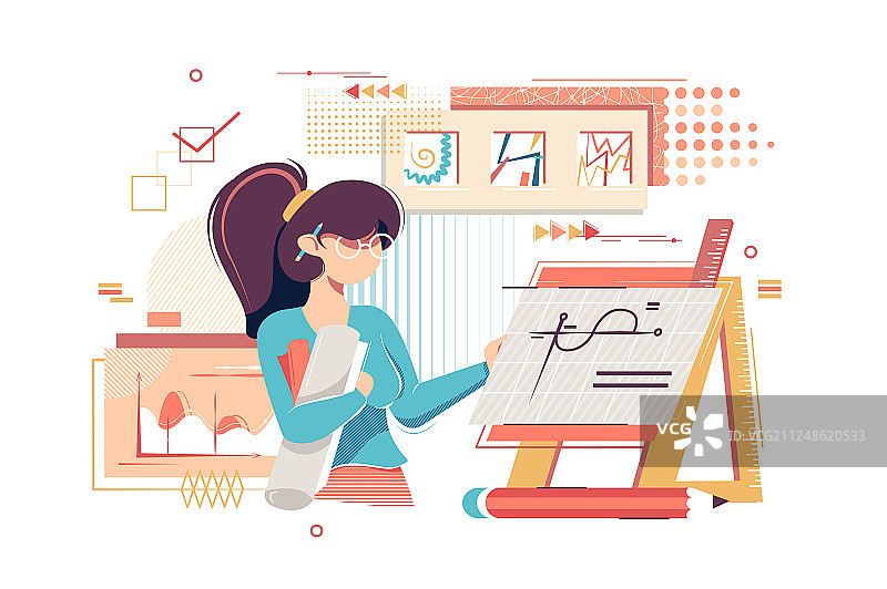扁平风年轻女艺术家工程师与图纸图片素材