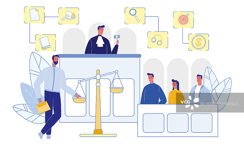 法庭上的法官和陪审团：金钱、木槌和手铐图片素材