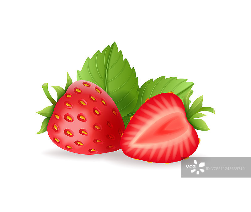 逼真风格的甜草莓与绿叶素材图片素材