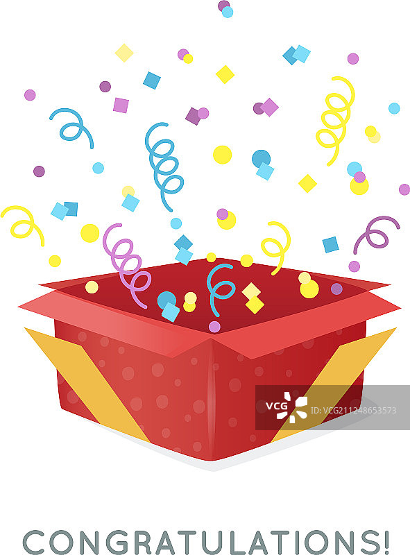 打开的带金属丝和五彩纸屑的红色礼品盒图片素材