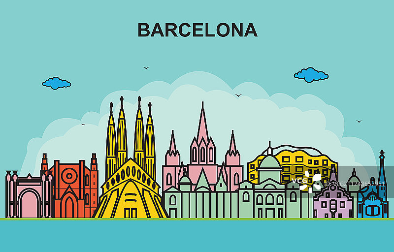 巴塞罗那城市观光天际线彩色城市风光图片素材