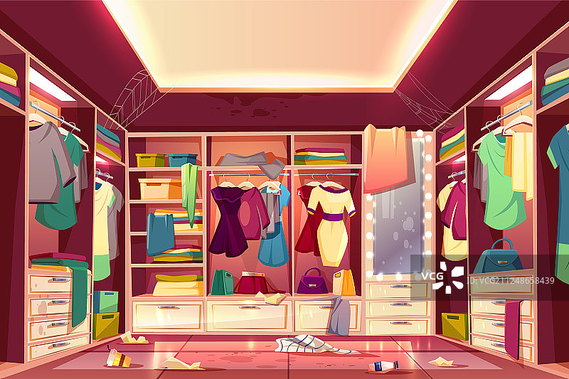 凌乱的步入式衣柜内部卡通图片素材