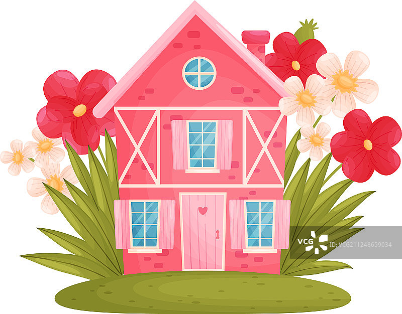 鲜花簇拥的梦幻粉色小屋图片素材
