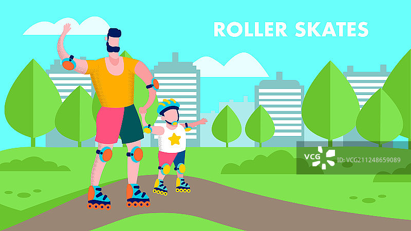 卡通家庭轮滑运动横幅文本图片素材