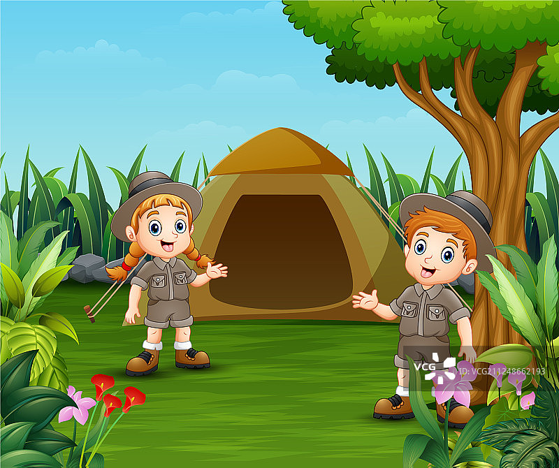 卡通儿童和海滩露营帐篷图片素材