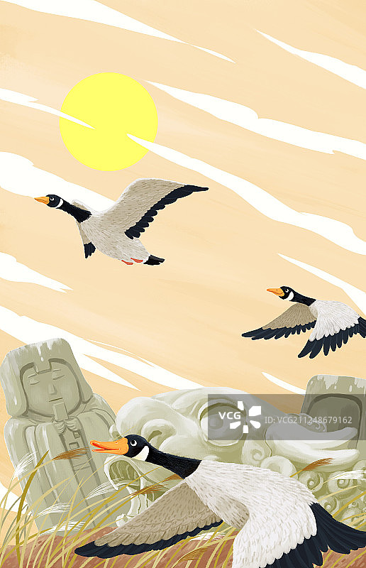 白露秋天大雁天空飞杂草野地儿童插画背景图片素材