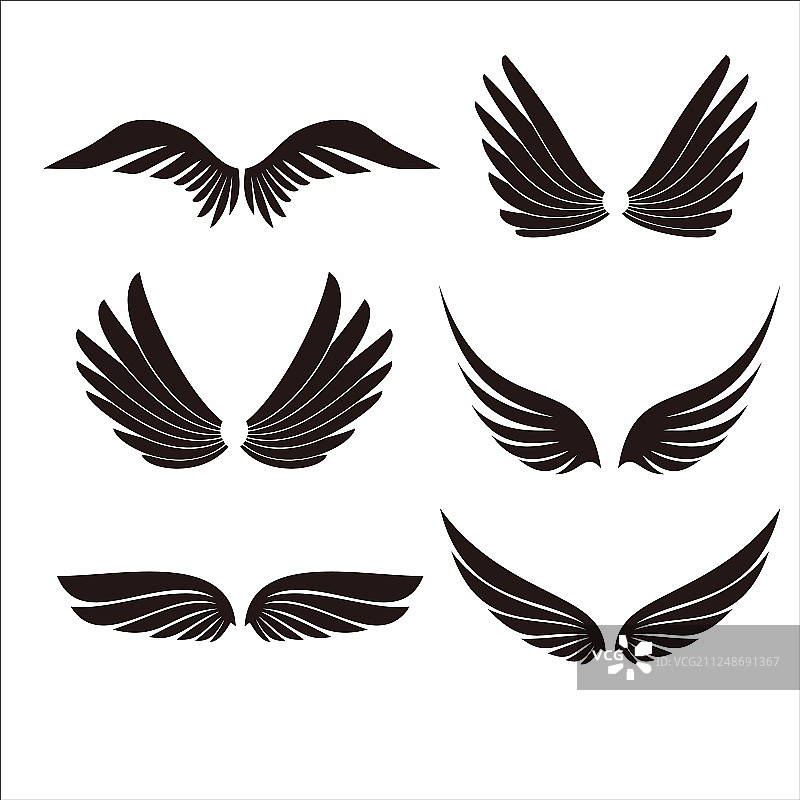 白色背景上的翅膀图标集，用于图形设计图片素材