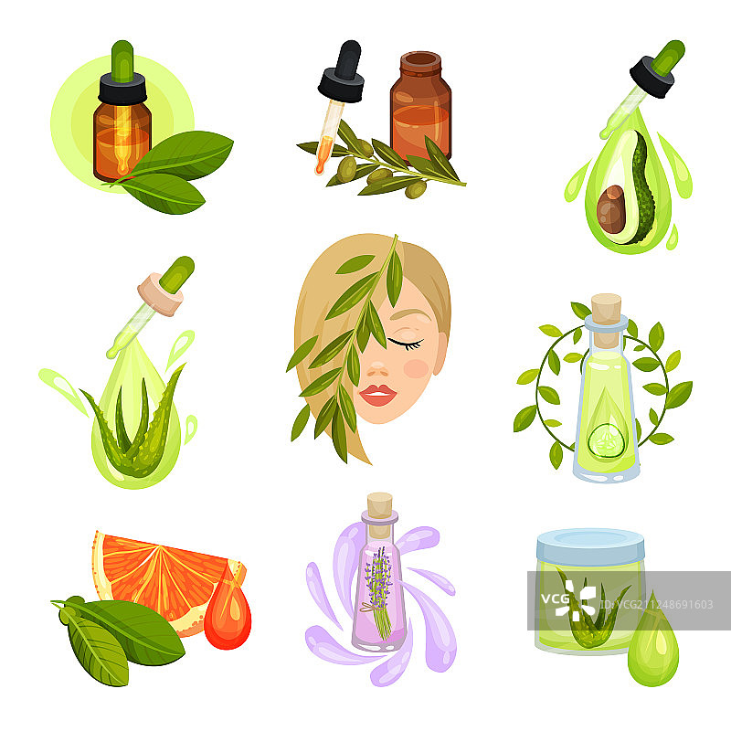 扁平风格的天然化妆品瓶图标集图片素材