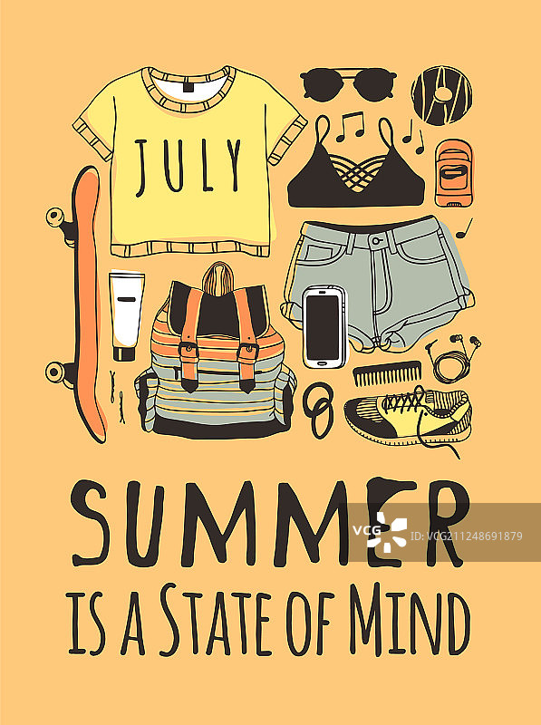 手绘夏季语录与热带风情图片素材