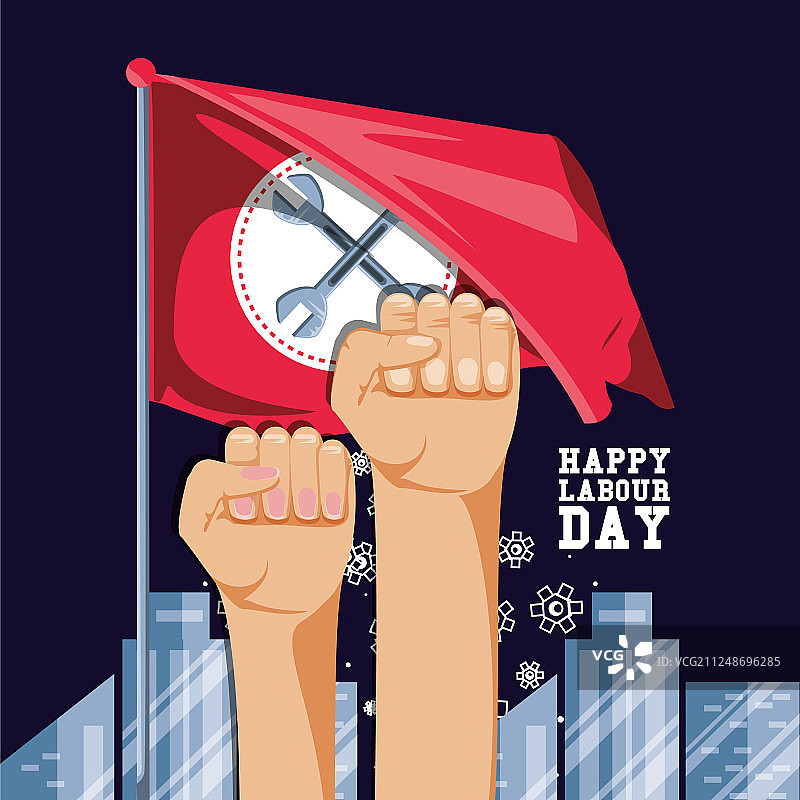 劳动节快乐，手握拳头和旗帜图片素材