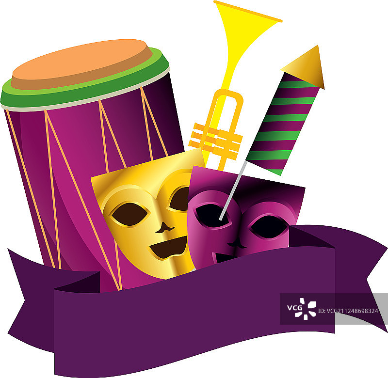 带有乐器的剧院和狂欢节面具图片素材