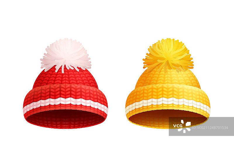 带绒球的针织红黄色帽子图标图片素材