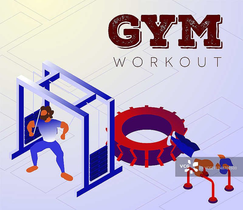 卡通健美男人在健身器材上锻炼手臂图片素材