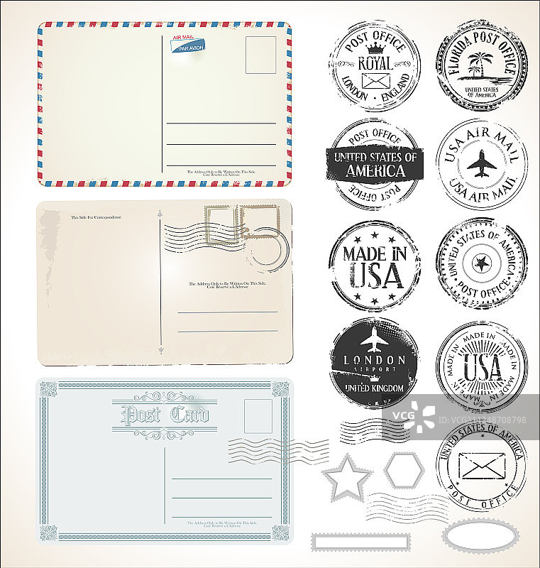 白色背景上的邮票明信片套装图片素材
